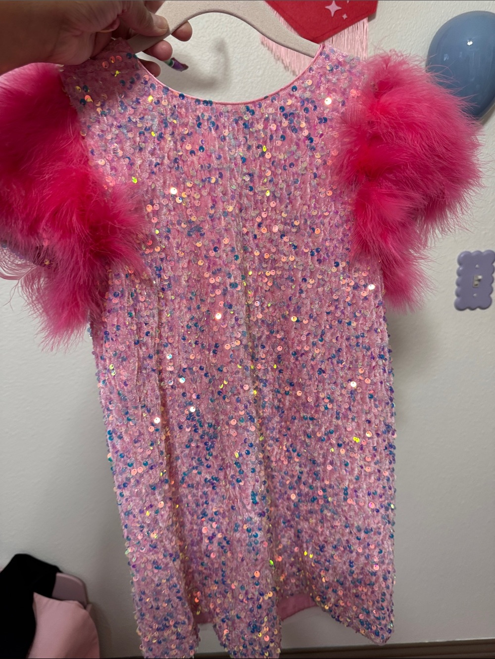 Lola + The Boys Pink Sequin Dress with Hot Pink Feather Sleeves